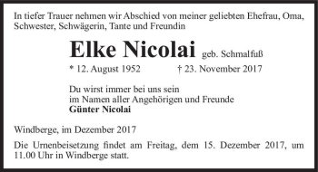 Traueranzeige von Elke Nicolai (geb. Schmalfuß)  von Magdeburger Volksstimme