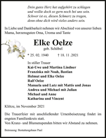 Traueranzeige von Elke Oelze (geb. Schöbel)  von Magdeburger Volksstimme