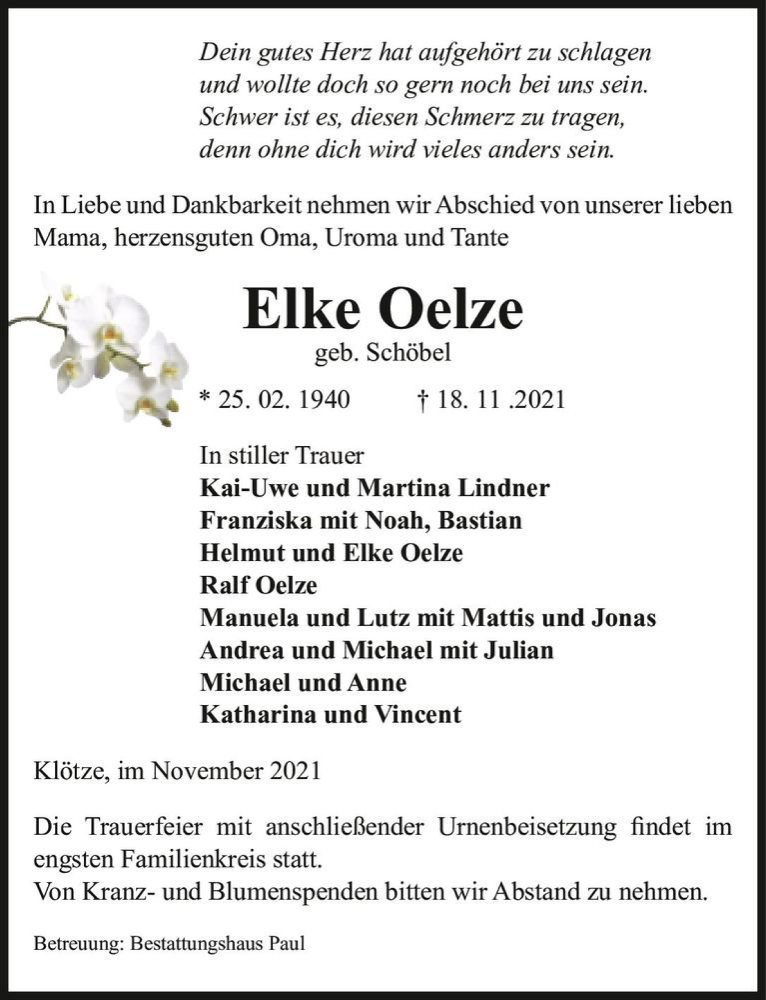  Traueranzeige für Elke Oelze (geb. Schöbel)  vom 24.11.2021 aus Magdeburger Volksstimme