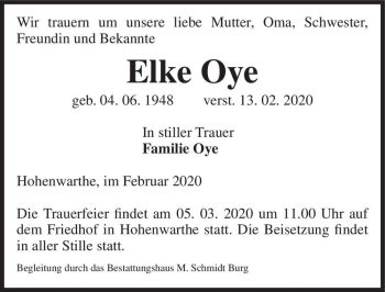 Traueranzeige von Elke Oye  von Magdeburger Volksstimme