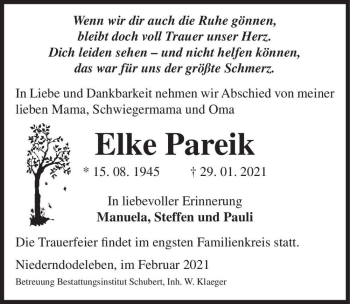Traueranzeige von Elke Pareik  von Magdeburger Volksstimme