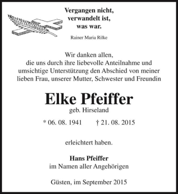 Traueranzeige von Elke Pfeiffer (geb. Hirseland)  von Magdeburger Volksstimme