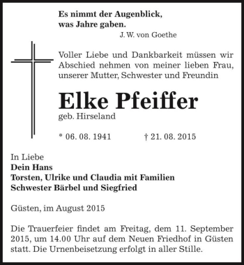 Traueranzeige von Elke Pfeiffer (geb. Hirseland)  von Magdeburger Volksstimme