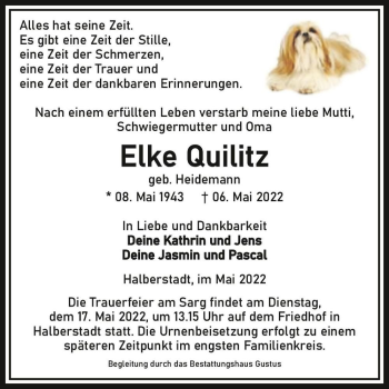 Traueranzeige von Elke Quilitz (geb. Heidemann)  von Magdeburger Volksstimme