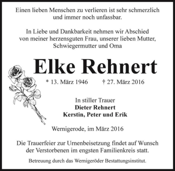 Traueranzeige von Elke Rehnert  von Magdeburger Volksstimme