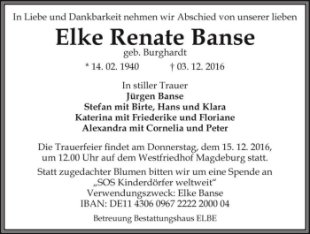 Traueranzeige von Elke Renate Banse (geb. Burghardt)  von Magdeburger Volksstimme