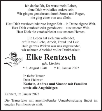 Traueranzeige von Elke Rentzsch (geb. Lischke)  von Magdeburger Volksstimme