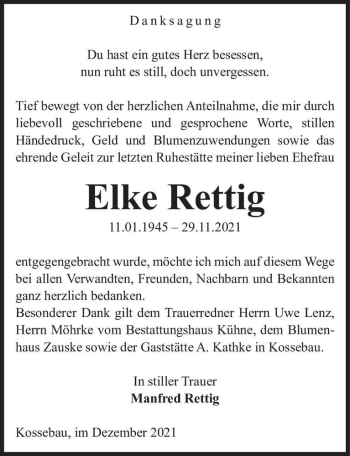 Traueranzeige von Elke Rettig  von Magdeburger Volksstimme