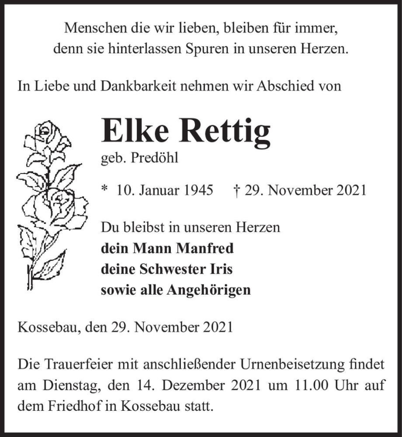  Traueranzeige für Elke Rettig (geb. Predöhl)  vom 02.12.2021 aus Magdeburger Volksstimme