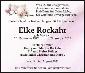 Traueranzeige von Elke Rockahr (geb. Spiegler)  von Magdeburger Volksstimme