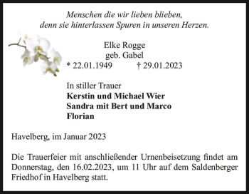 Traueranzeige von Elke Rogge (geb. Gabel)  von Magdeburger Volksstimme