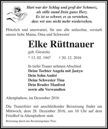 Traueranzeige von Elke Rüttnauer (geb. Giesecke)  von Magdeburger Volksstimme
