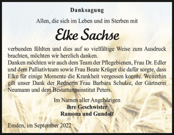Traueranzeige von Elke Sachse  von Magdeburger Volksstimme