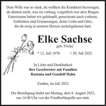 Traueranzeige von Elke Sachse (geb. Fricke)  von Magdeburger Volksstimme