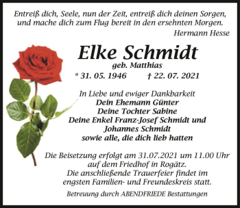 Traueranzeige von Elke Schmidt (geb. Matthias)  von Magdeburger Volksstimme