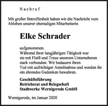Traueranzeige von Elke Schrader  von Magdeburger Volksstimme
