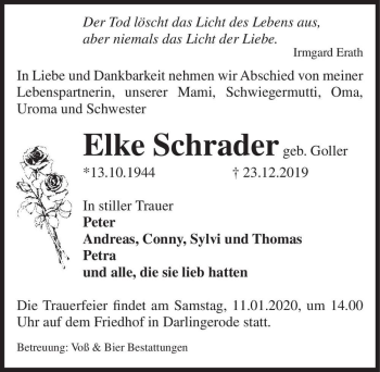 Traueranzeige von Elke Schrader (geb. Goller)  von Magdeburger Volksstimme
