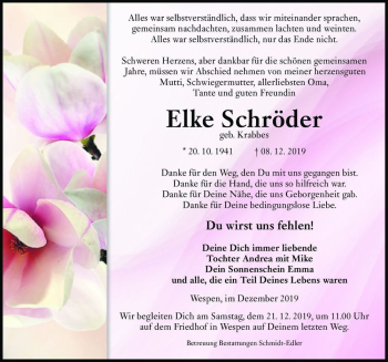Traueranzeige von Elke Schröder (geb. Krabbes)  von Magdeburger Volksstimme