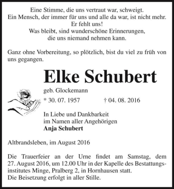Traueranzeige von Elke Schubert (geb. Glockemann)  von Magdeburger Volksstimme