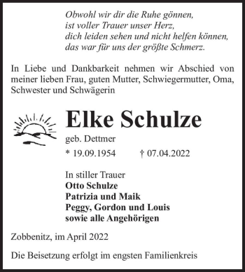 Traueranzeige von Elke Schulze (geb. Dettmer)  von Magdeburger Volksstimme