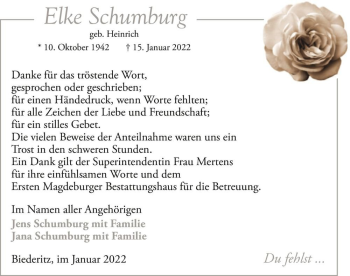 Traueranzeige von Elke Schumburg (geb. Heinrich)  von Magdeburger Volksstimme