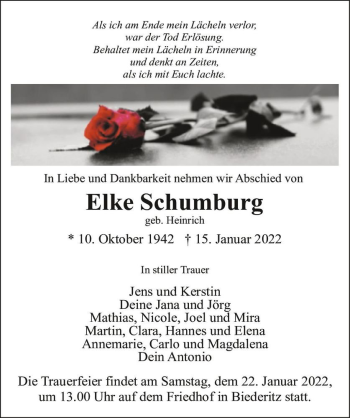 Traueranzeige von Elke Schumburg (geb. Heinrich)  von Magdeburger Volksstimme