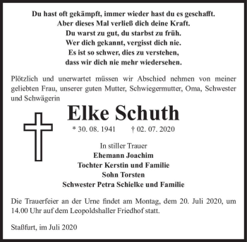 Traueranzeige von Elke Schuth  von Magdeburger Volksstimme