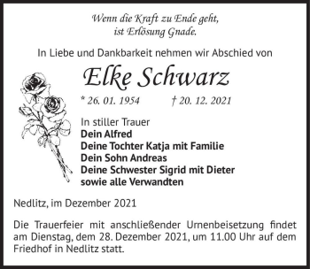 Traueranzeige von Elke Schwarz  von Magdeburger Volksstimme