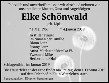 Traueranzeige von Elke Schönwald (geb. Lipke)  von Magdeburger Volksstimme