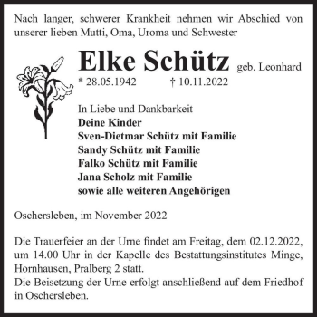 Traueranzeige von Elke Schütz (geb. Leonhard)  von Magdeburger Volksstimme