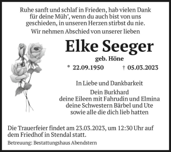 Traueranzeige von Elke Seeger (geb. Höne)  von Magdeburger Volksstimme