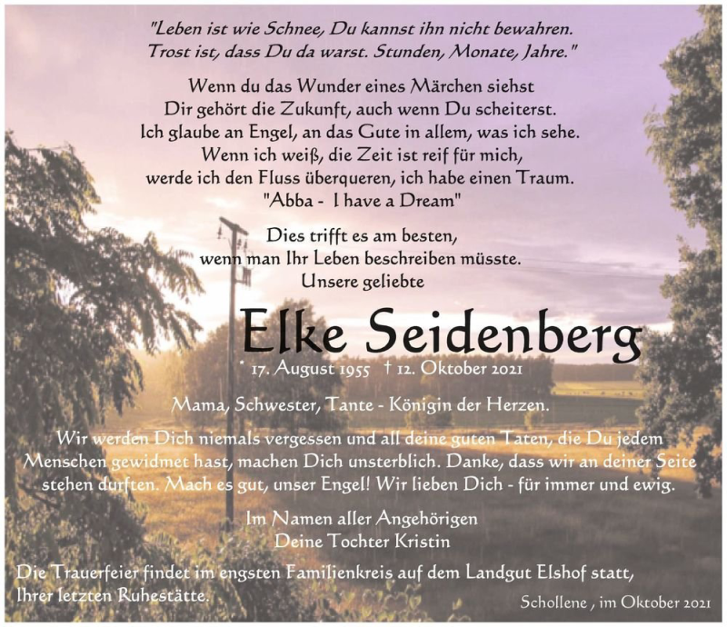  Traueranzeige für Elke Seidenberg  vom 18.10.2021 aus Magdeburger Volksstimme