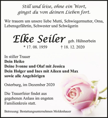 Traueranzeige von Elke Seiler (geb. Hühnerbein)  von Magdeburger Volksstimme