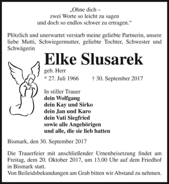 Traueranzeige von Elke Slusarek (geb. Herr)  von Magdeburger Volksstimme