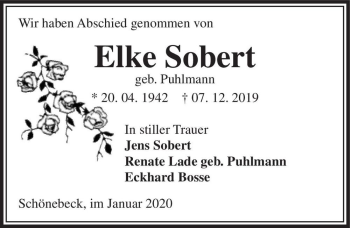 Traueranzeige von Elke Sobert (geb. Puhlmann)  von Magdeburger Volksstimme