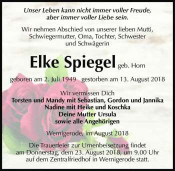 Traueranzeige von Elke Spiegel (geb. Horn)  von Magdeburger Volksstimme