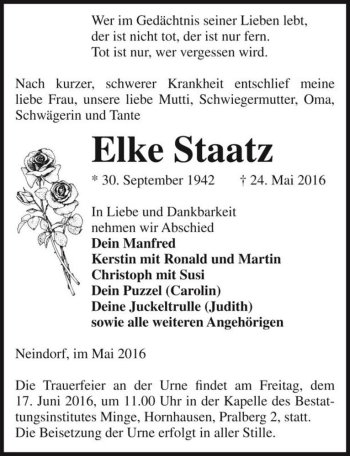 Traueranzeige von Elke Staatz  von Magdeburger Volksstimme