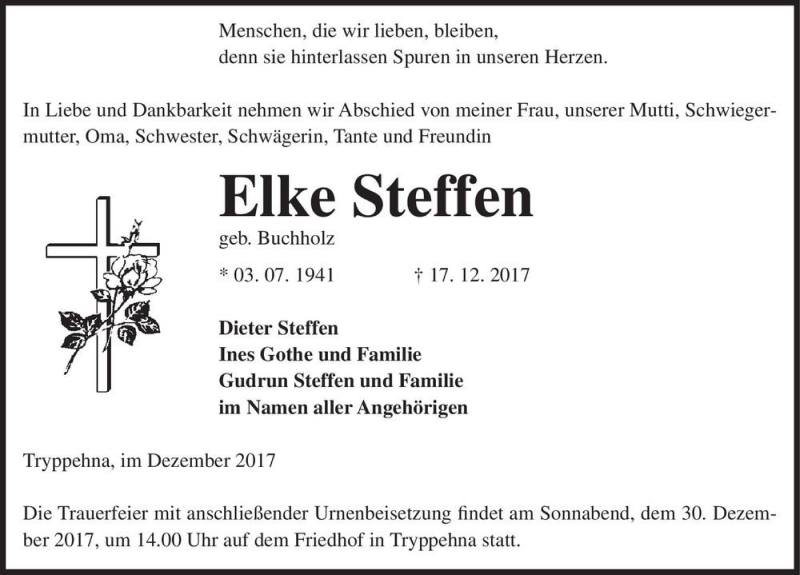  Traueranzeige für Elke Steffen (geb. Buchholz)  vom 23.12.2017 aus Magdeburger Volksstimme