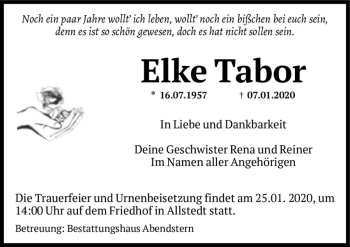 Traueranzeige von Elke Tabor  von Magdeburger Volksstimme