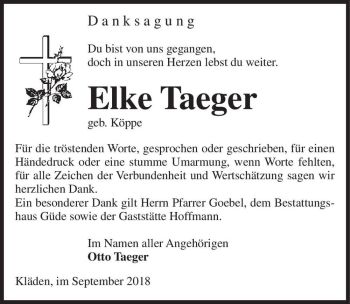 Traueranzeige von Elke Taeger (geb. Köppe)  von Magdeburger Volksstimme