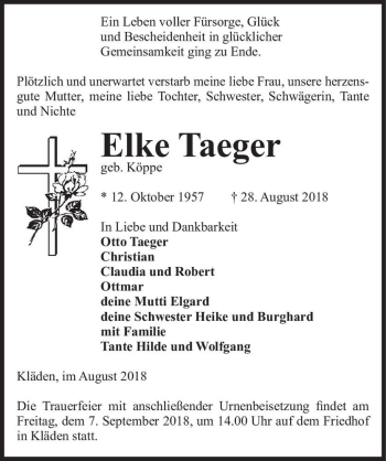 Traueranzeige von Elke Taeger (geb. Köppe)  von Magdeburger Volksstimme
