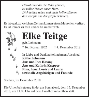 Traueranzeige von Elke Teitge (geb. Lehmann)  von Magdeburger Volksstimme