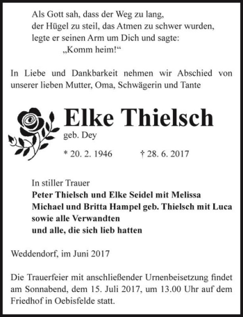 Traueranzeige von Elke Thielsch (geb. Dey)  von Magdeburger Volksstimme
