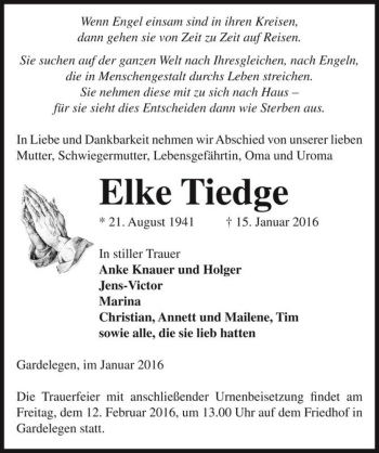 Traueranzeige von Elke Tiedge  von Magdeburger Volksstimme