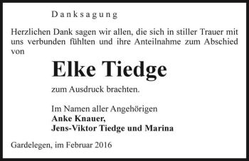 Traueranzeige von Elke Tiedge  von Magdeburger Volksstimme