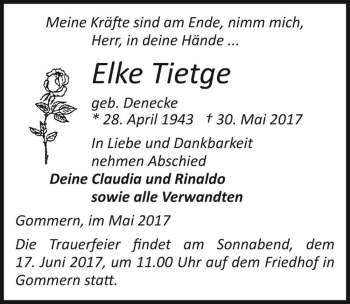 Traueranzeige von Elke Tietge (geb. Denecke)  von Magdeburger Volksstimme