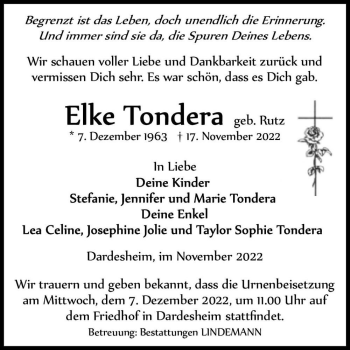 Traueranzeige von Elke Tondera (geb. Rutz)  von Magdeburger Volksstimme