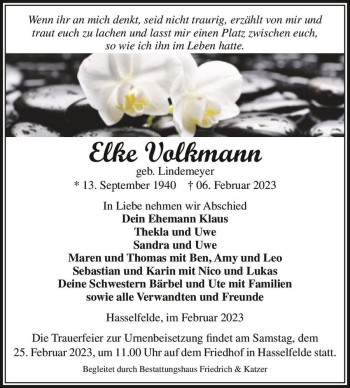 Traueranzeige von Elke Volkmann (geb. Lindemeyer)  von Magdeburger Volksstimme