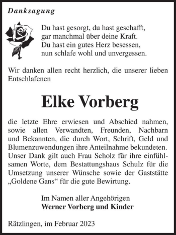 Traueranzeige von Elke Vorberg  von Magdeburger Volksstimme