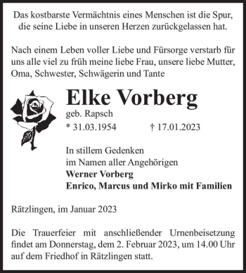 Traueranzeige von Elke Vorberg (geb. Rapsch)  von Magdeburger Volksstimme